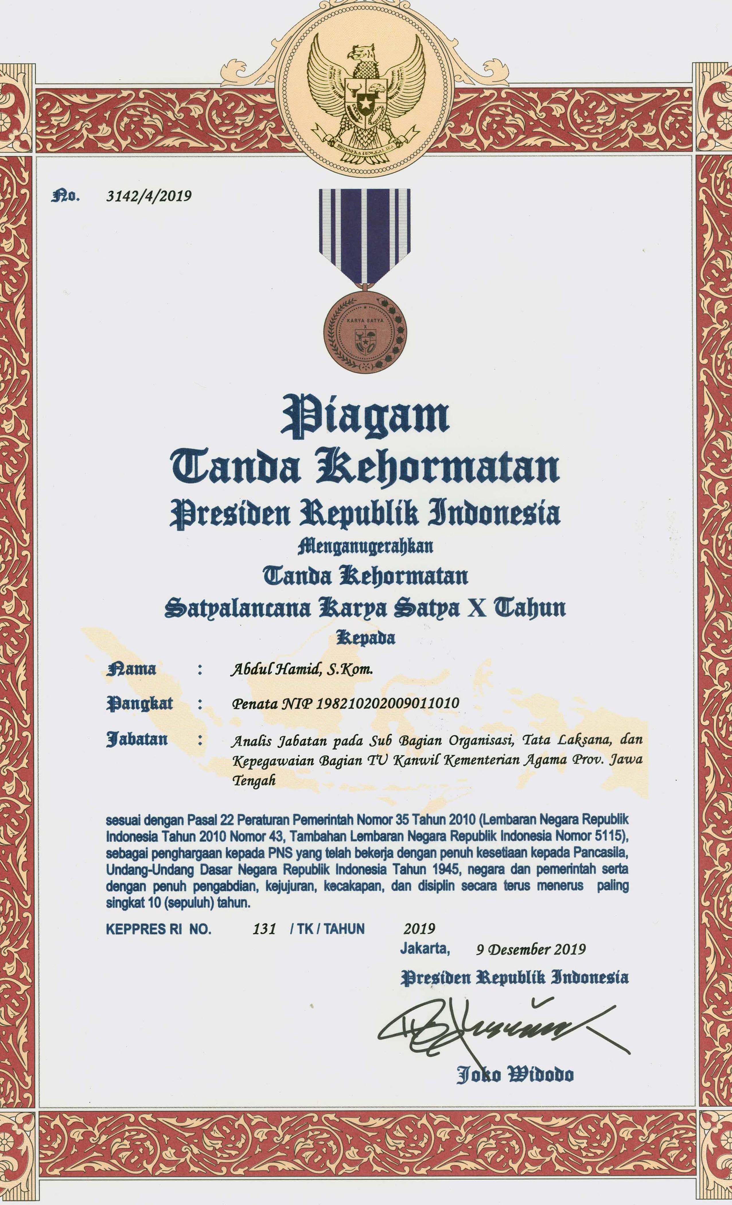 Sertifikat Satya Lencana X